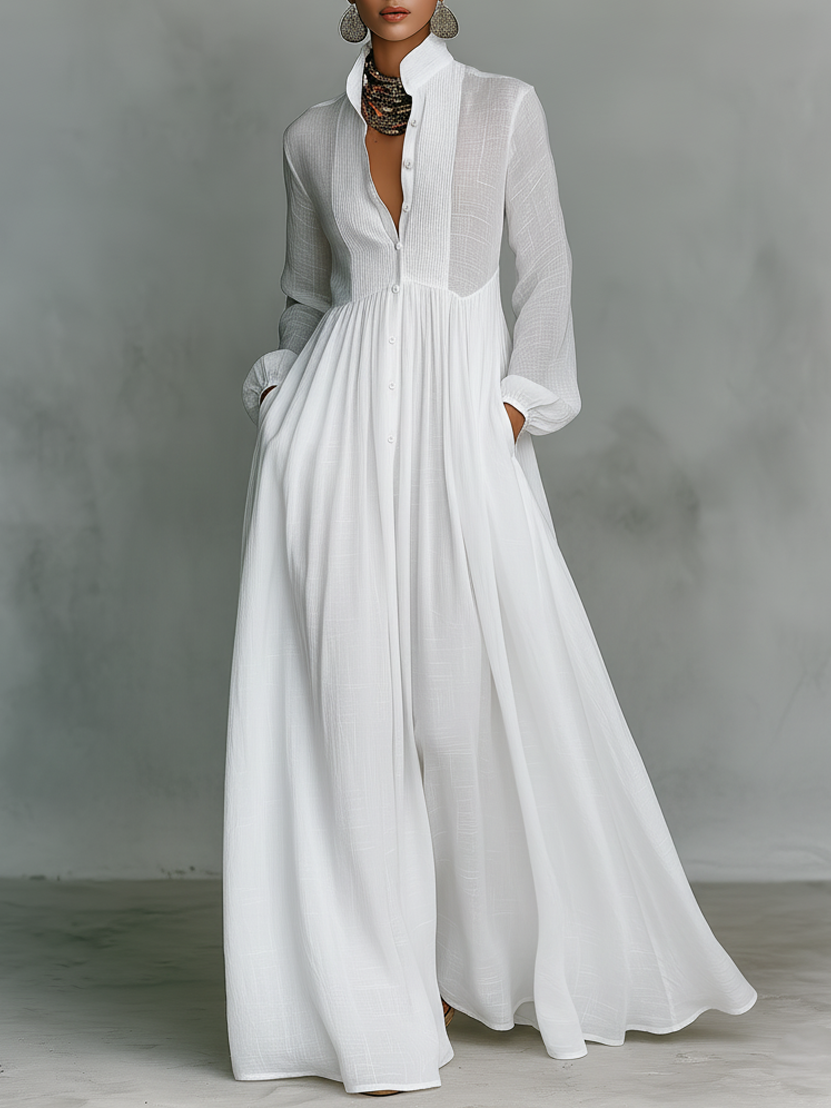Maxi Minimalist Dress in Cotton &amp; Linen with Patchwork, High Collar and Long Sleeves