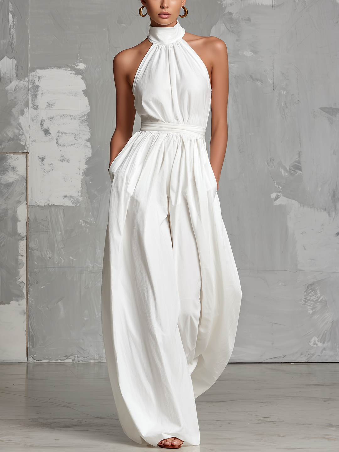 Chloe | Elegant white woven sleeveless halter-neck jumpsuit