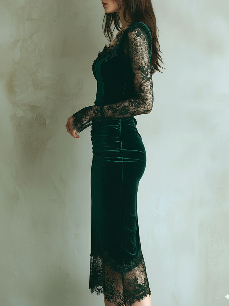 Elegant Green Velvet Long Sleeve Lace Midi Dress