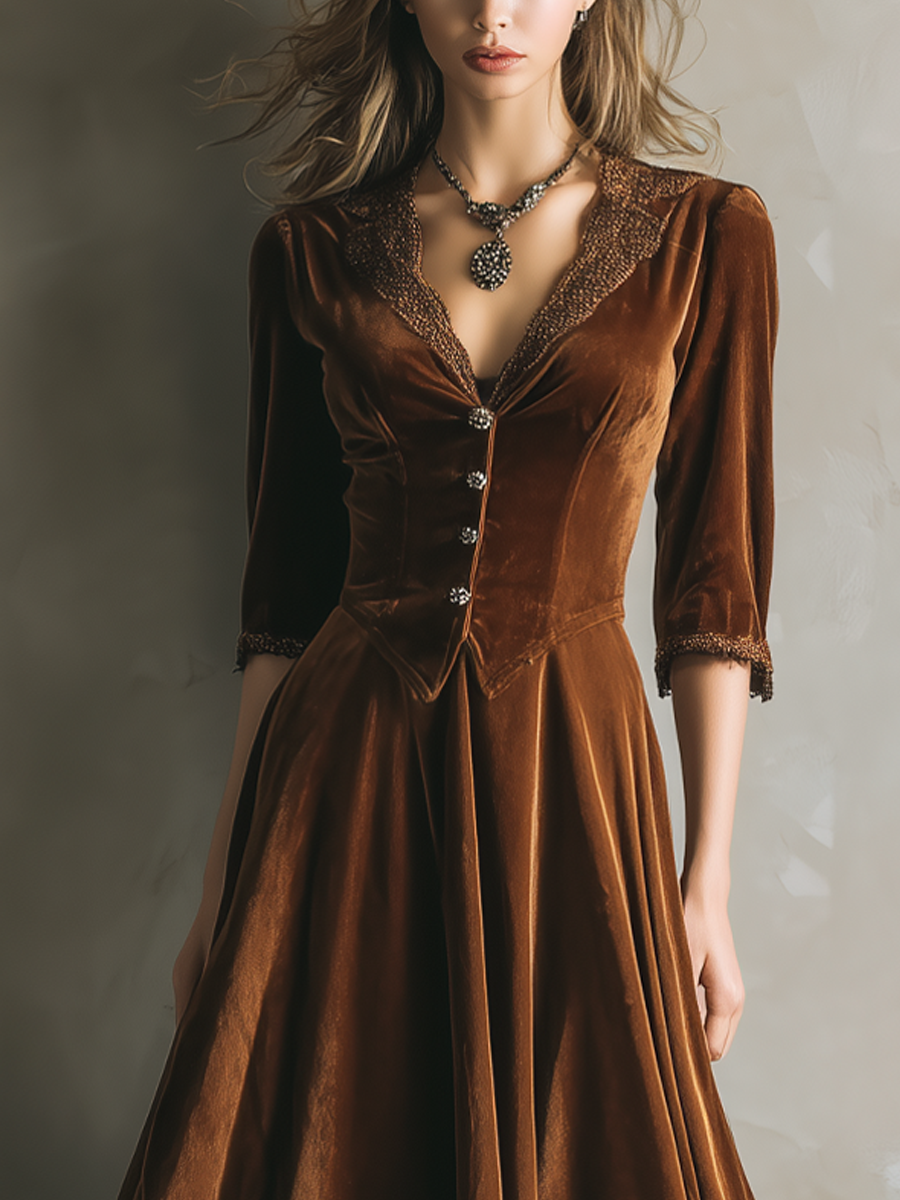 Vintage Three-Quarter Sleeves Lace High-Low Hem Velvet Two Pieces Set