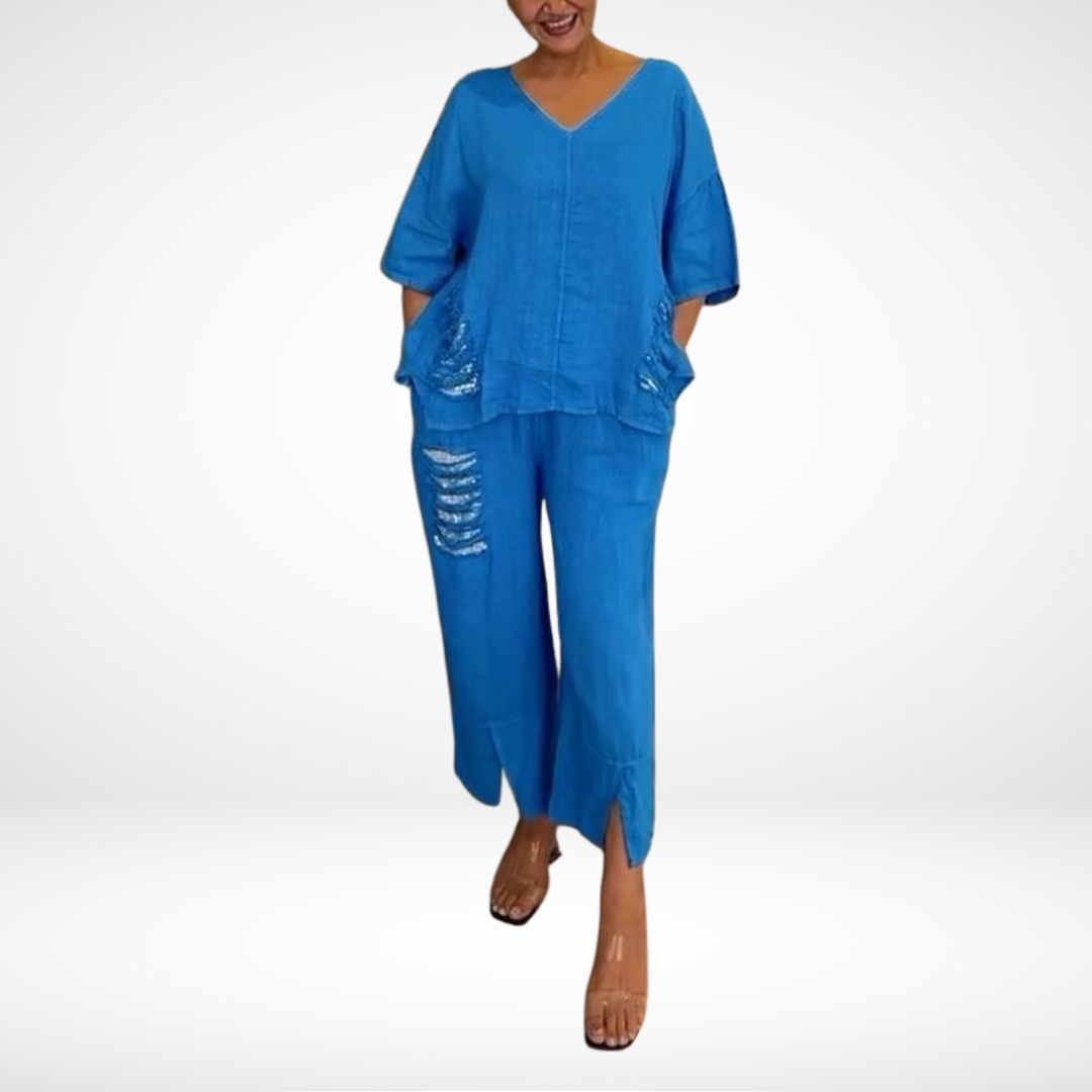 Briella™ Elegant Two-Piece Summer Set | V-Neck Top and Wide-Leg Pants