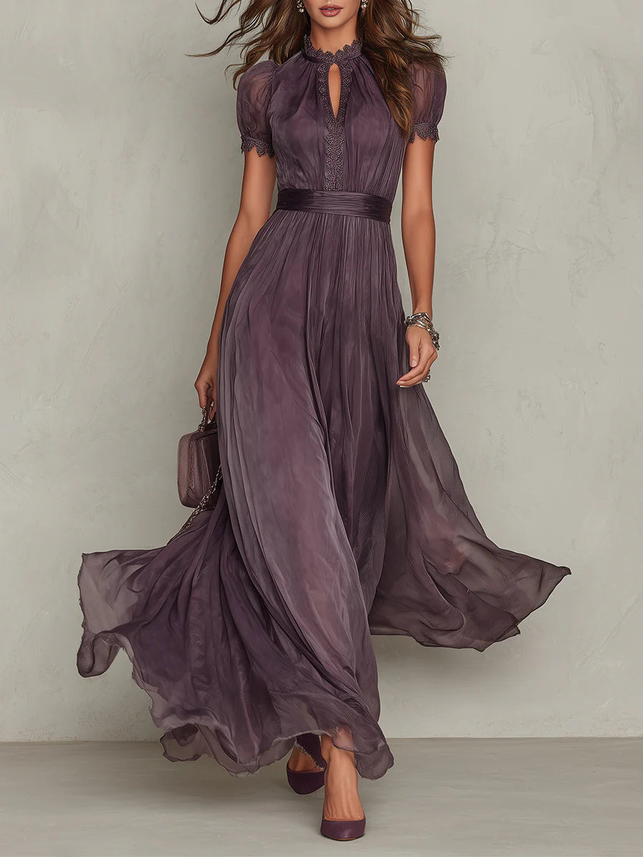 Flavia • Long Purple Dress with Keyhole Neckline &amp; Chiffon Lace Trim