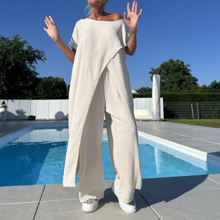 Gabbie™ Elegant Off-Shoulder Two-Piece Set | Relaxed Top and Wide-Leg Pants